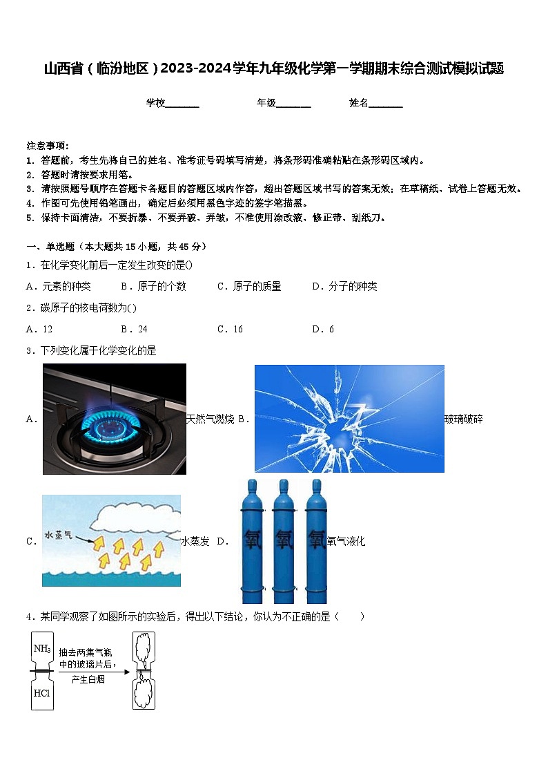 山西省(临汾地区)2023-2024学年九年级化学第一学期期末综合测试模拟试题含答案第1页