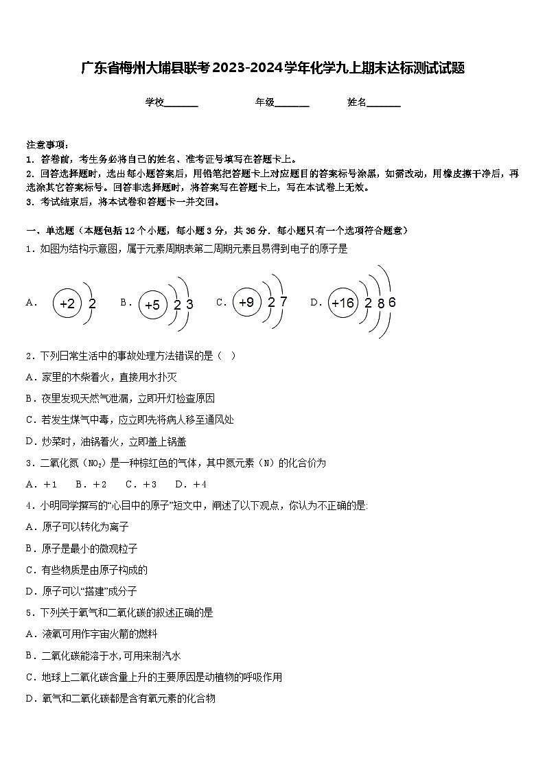 广东省梅州大埔县联考2023-2024学年化学九上期末达标测试试题含答案第1页