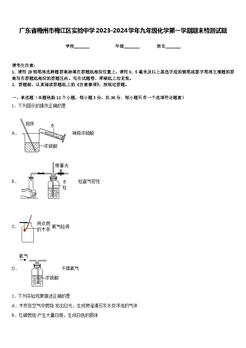 广东省梅州市梅江区实验中学2023-2024学年九年级化学第一学期期末检测试题含答案第1页