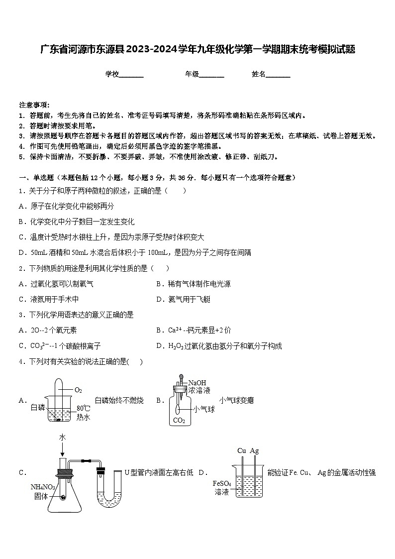 广东省河源市东源县2023-2024学年九年级化学第一学期期末统考模拟试题含答案01