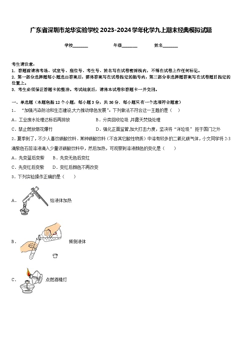广东省深圳市龙华实验学校2023-2024学年化学九上期末经典模拟试题含答案01