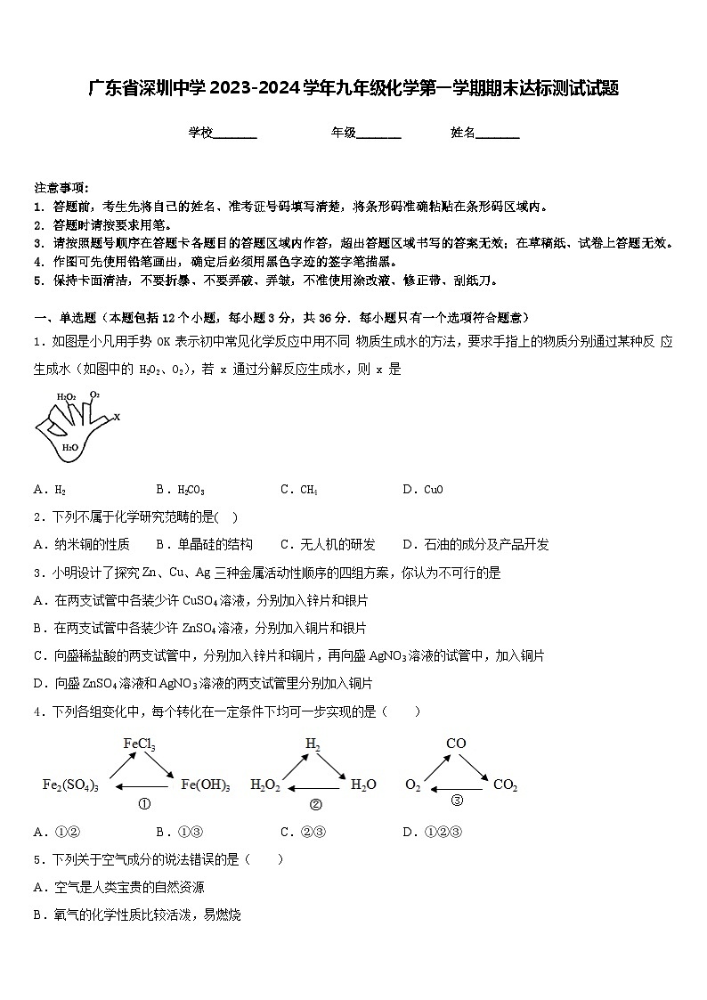 广东省深圳中学2023-2024学年九年级化学第一学期期末达标测试试题含答案01