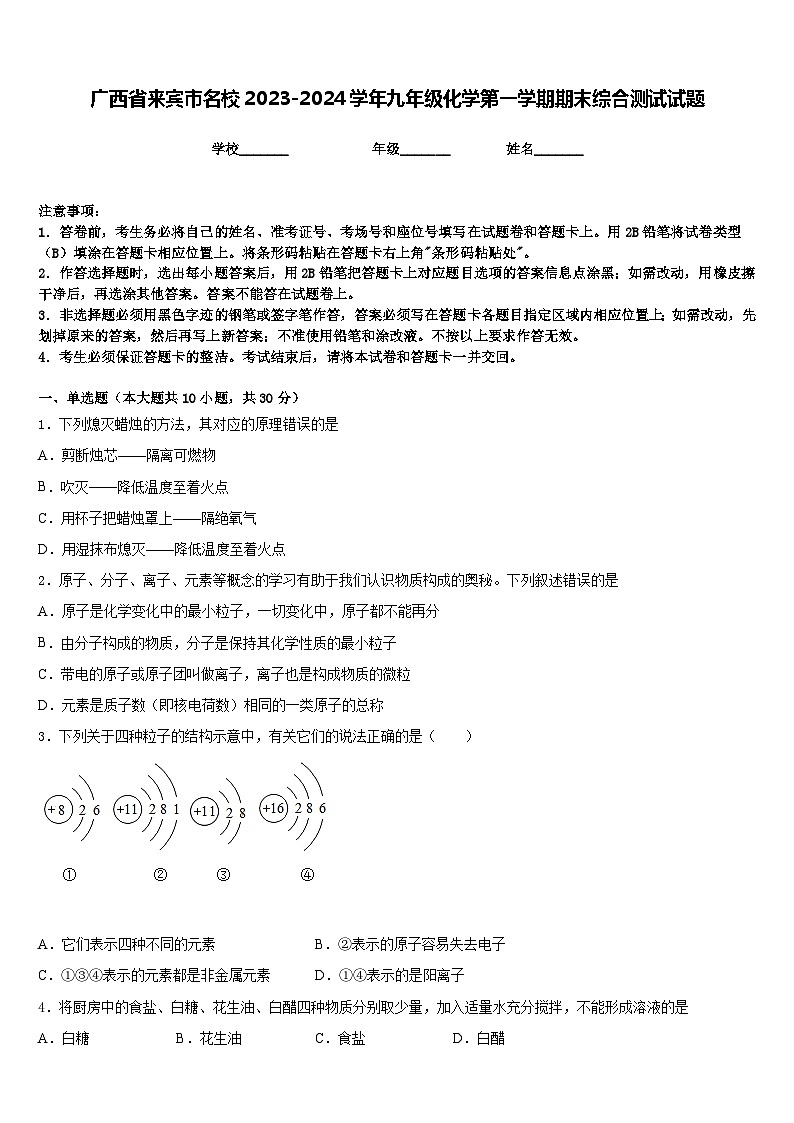 广西省来宾市名校2023-2024学年九年级化学第一学期期末综合测试试题含答案第1页