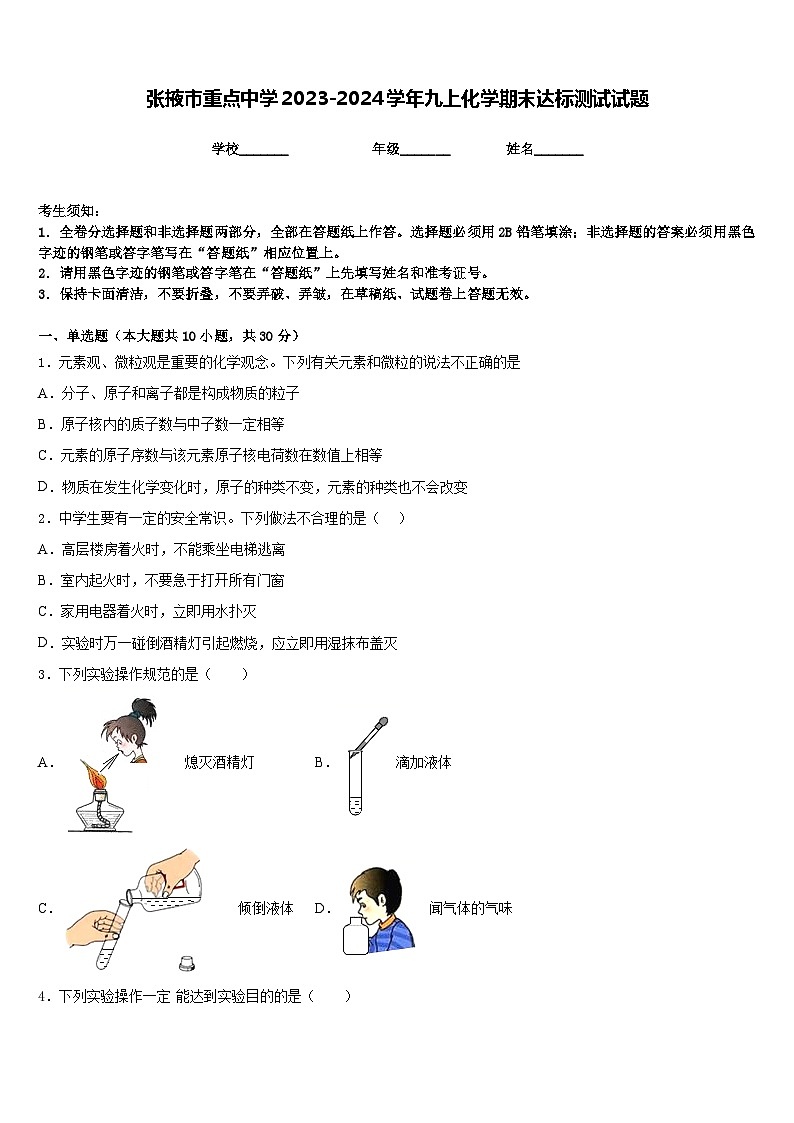 张掖市重点中学2023-2024学年九上化学期末达标测试试题含答案第1页