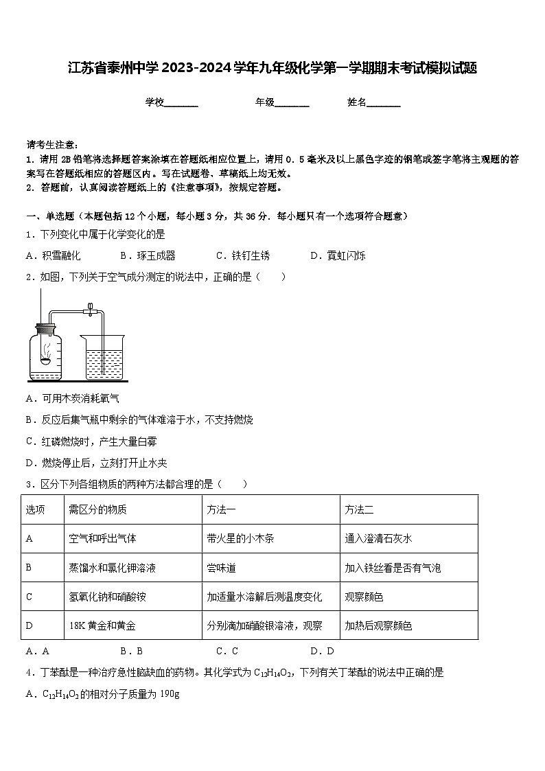 江苏省泰州中学2023-2024学年九年级化学第一学期期末考试模拟试题含答案第1页