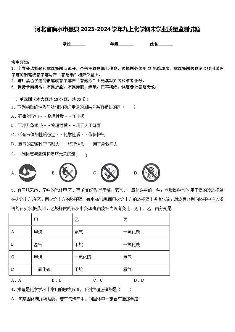 河北省衡水市景县2023-2024学年九上化学期末学业质量监测试题含答案第1页