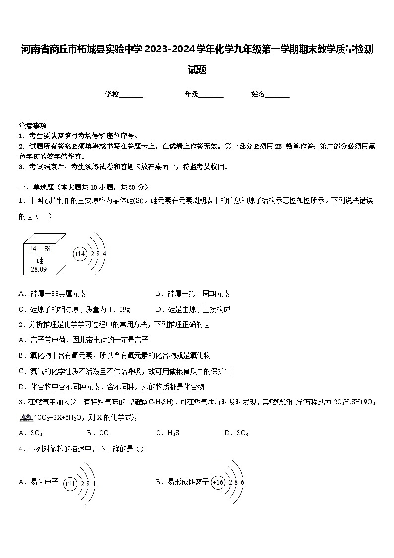 河南省商丘市柘城县实验中学2023-2024学年化学九年级第一学期期末教学质量检测试题含答案第1页