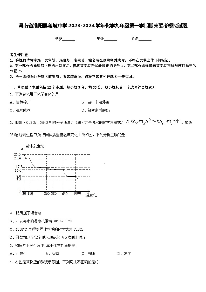 河南省淮阳县羲城中学2023-2024学年化学九年级第一学期期末联考模拟试题含答案第1页