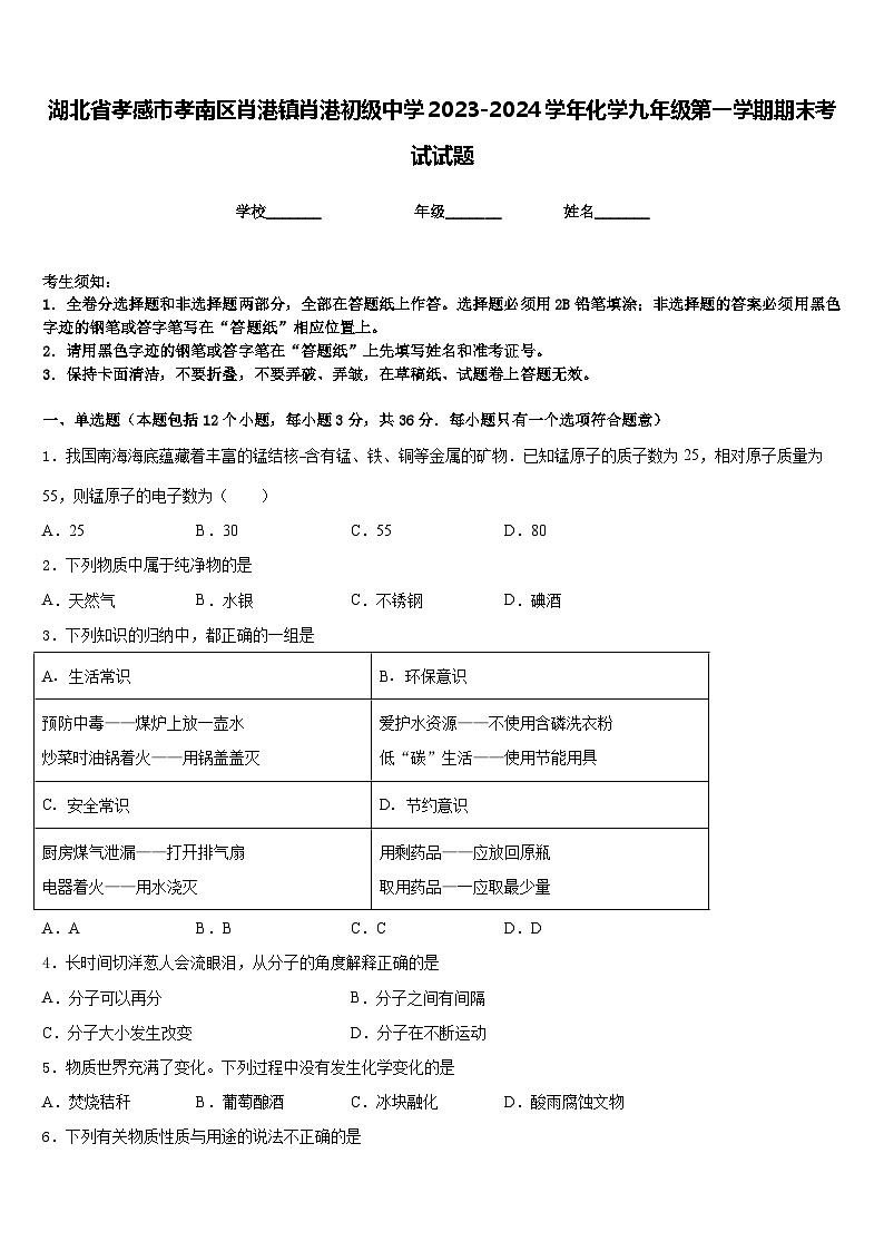 湖北省孝感市孝南区肖港镇肖港初级中学2023-2024学年化学九年级第一学期期末考试试题含答案第1页