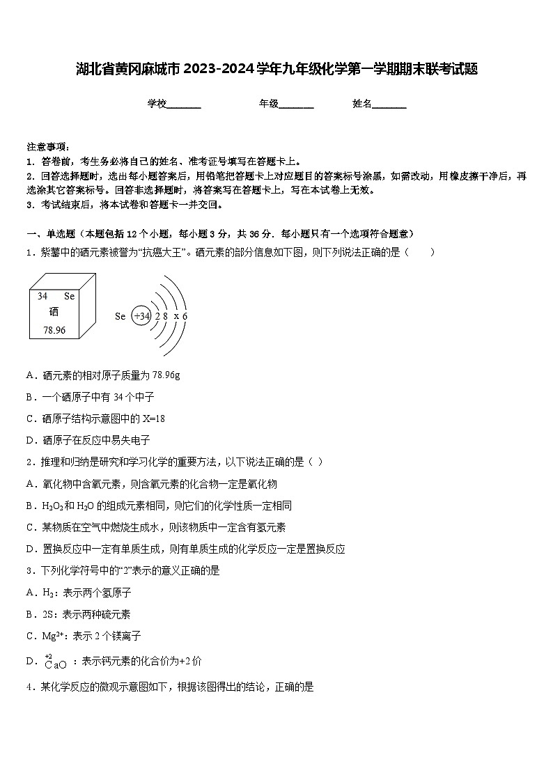湖北省黄冈麻城市2023-2024学年九年级化学第一学期期末联考试题含答案第1页