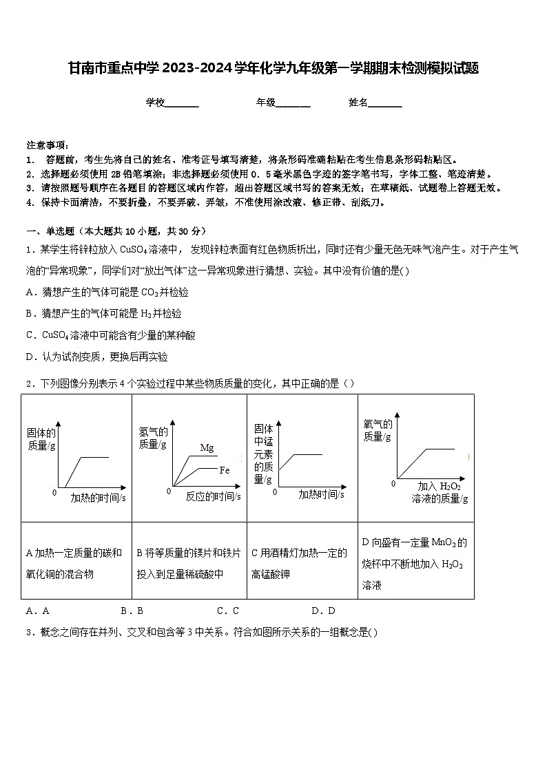 甘南市重点中学2023-2024学年化学九年级第一学期期末检测模拟试题含答案第1页