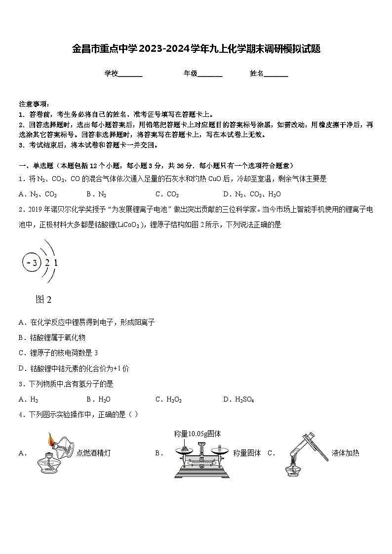 金昌市重点中学2023-2024学年九上化学期末调研模拟试题含答案01