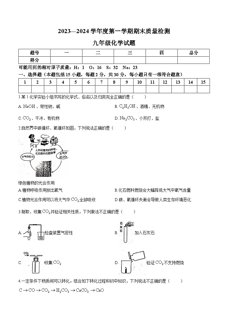 河北省秦皇岛市昌黎县2023-2024学年九年级上学期期末化学试题第1页