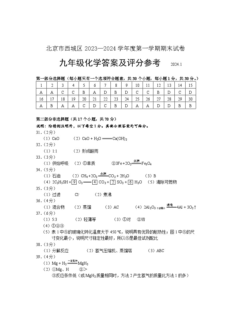 2024.1西城九年级期末化学答案第1页