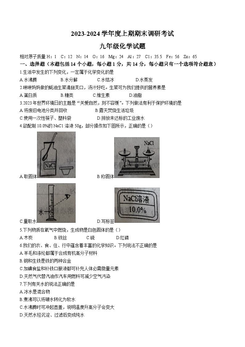 河南省周口市扶沟县2023-2024学年九年级上学期1月期末化学试题第1页