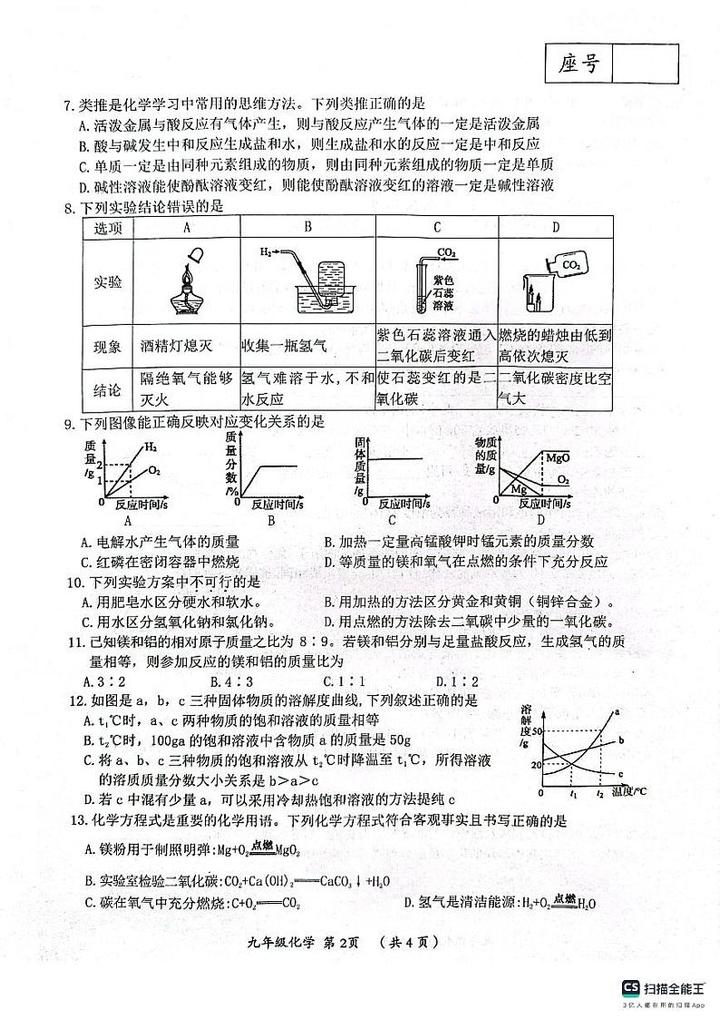 河南省漯河市郾城区2023-2024学年九年级上学期1月期末化学试题02
