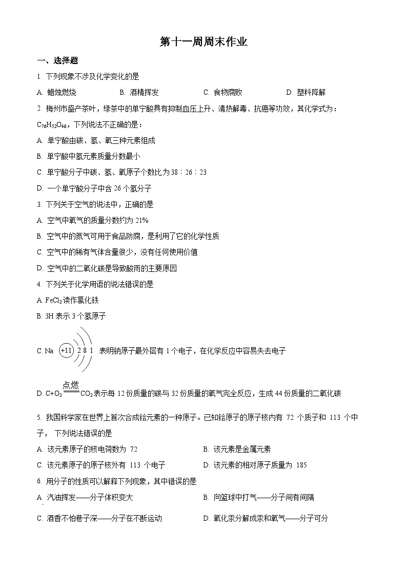 2023-2024学年东莞市虎门外语学校九年级上学期第十一周周末（期中考试模拟训练）化学试题01