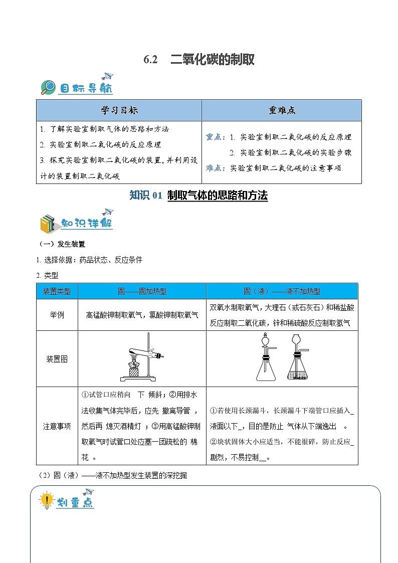 6.2 二氧化碳的制取(含培优竞赛试题)-2024-2025学年九年级化学上册重难点突破(人教版)01