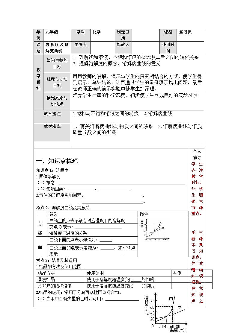 【备战2024年】人教版化学九年级一轮复习 溶解度及溶解度曲线复习教案01