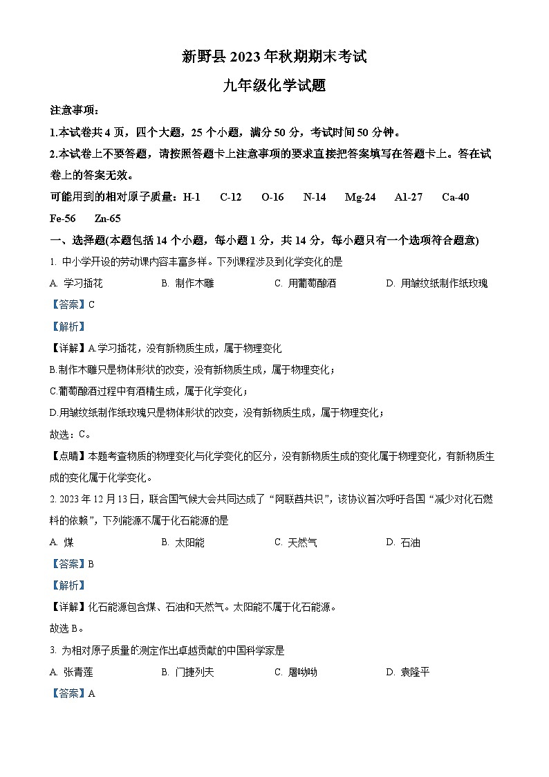 河南省南阳市新野县2023-2024学年九年级上学期期末考试化学试卷第1页