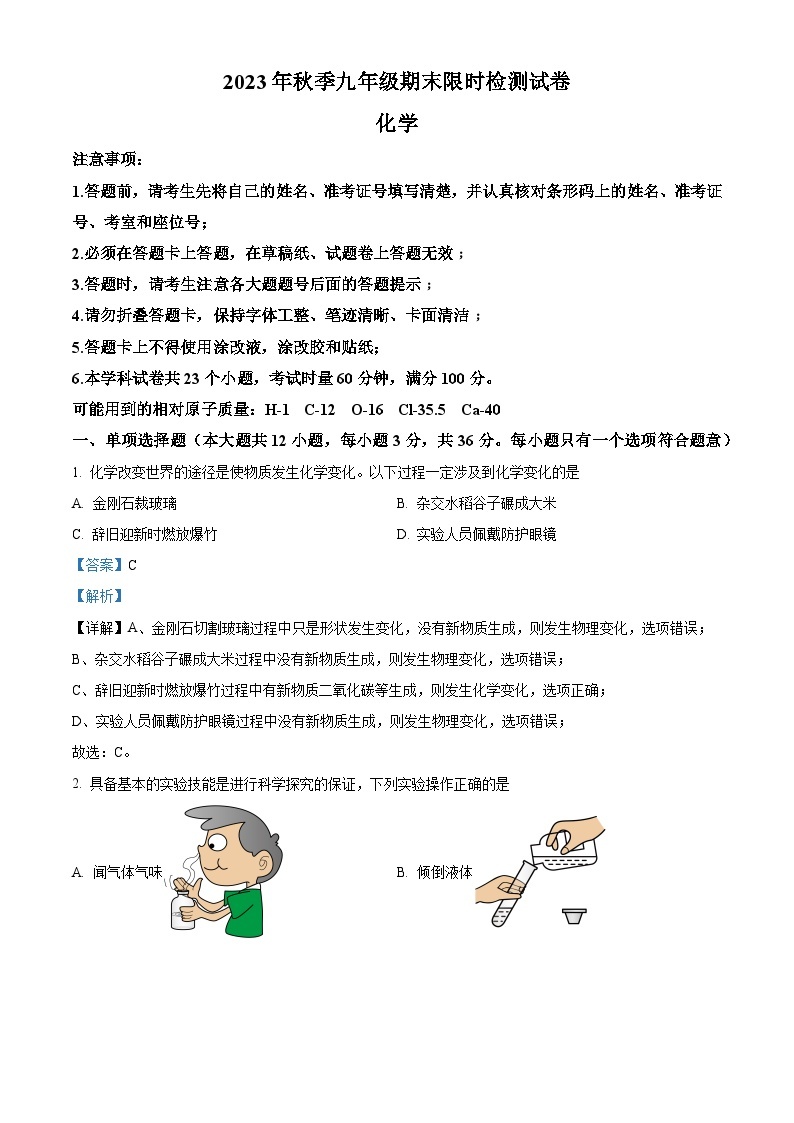 湖南省长沙市长郡教育集团联考2023-2024学年九年级上学期期末化学试题01