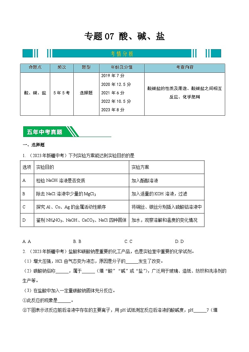 专题07 酸、碱、盐-5年(2019-2023)中考1年模拟化学分项汇编(新疆专用)(原卷版)第1页