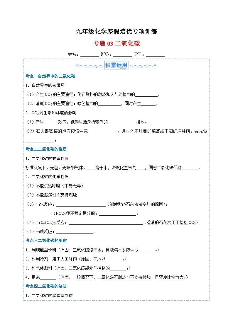 专题03 二氧化碳-九年级化学寒假培优专项训练（沪教版）