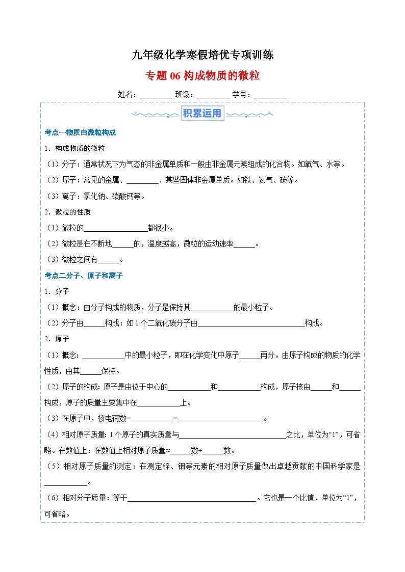 专题06 构成物质的微粒-九年级化学寒假培优专项训练（沪教版）