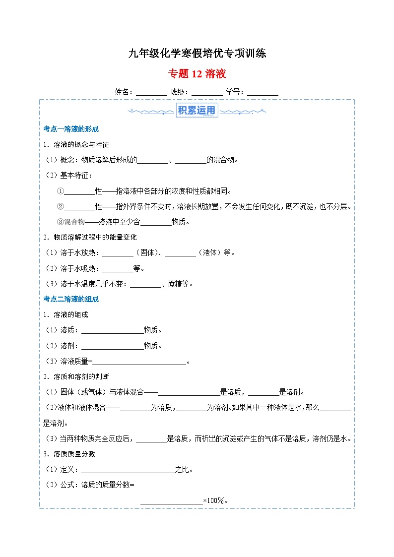 专题12 溶液-九年级化学寒假培优专项训练（沪教版）