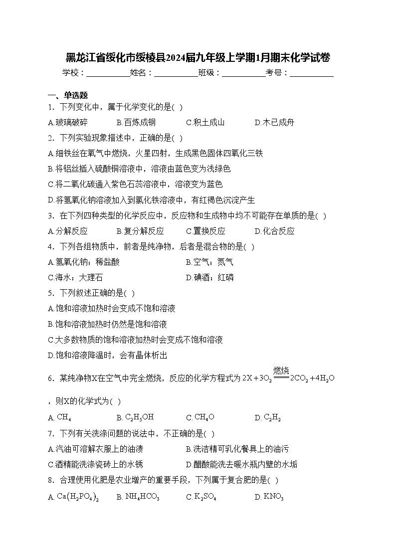 黑龙江省绥化市绥棱县2024届九年级上学期1月期末化学试卷(含答案)第1页