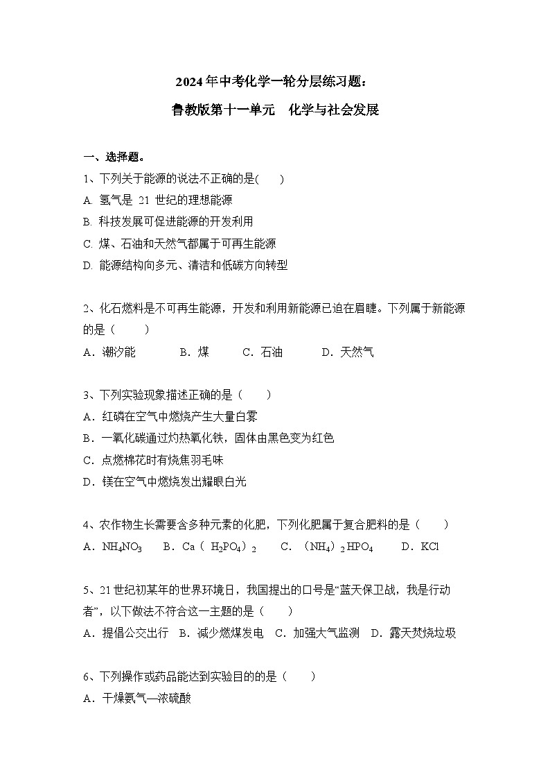 2024年中考化学一轮分层练习题鲁教版第十一单元化学与社会发展(原卷+答案版)第1页