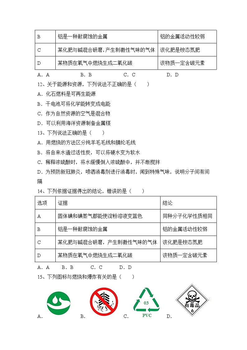 2024年中考化学一轮备考练习鲁教版十一单元化学与社会发展(原卷+答案版)第3页