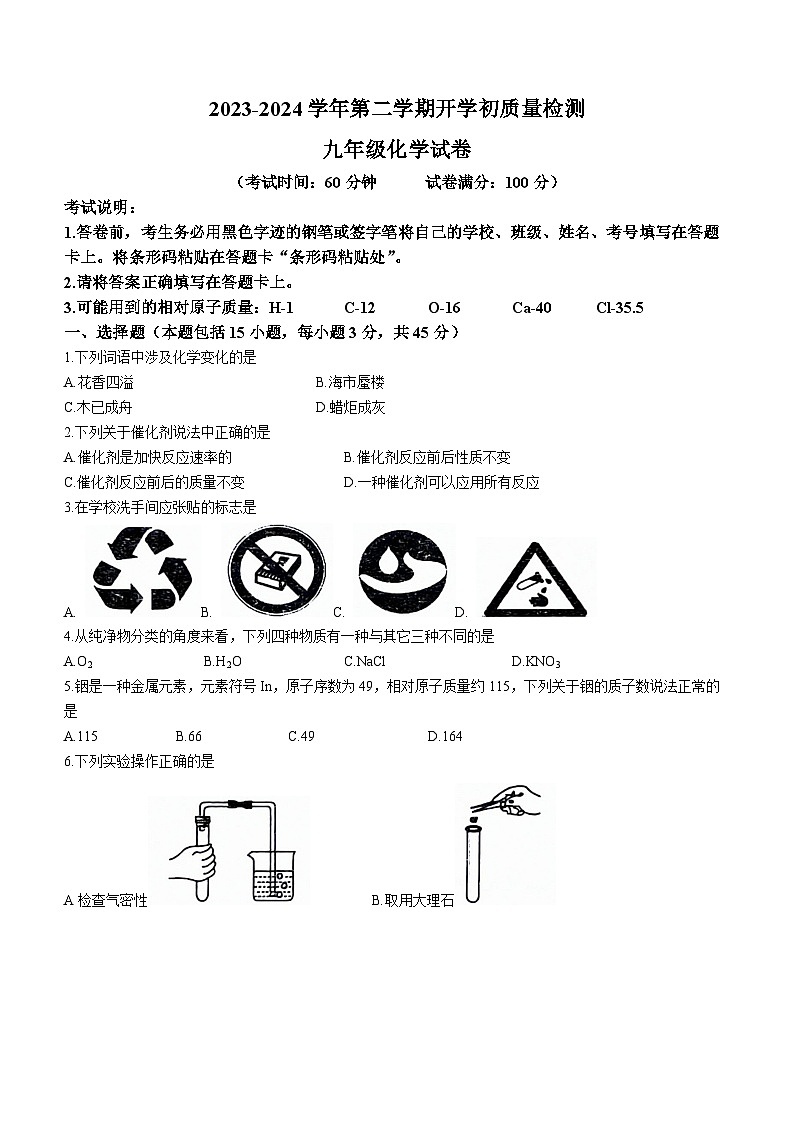 广东省惠州市惠东县2023-2024学年九年级上学期开学化学试题第1页