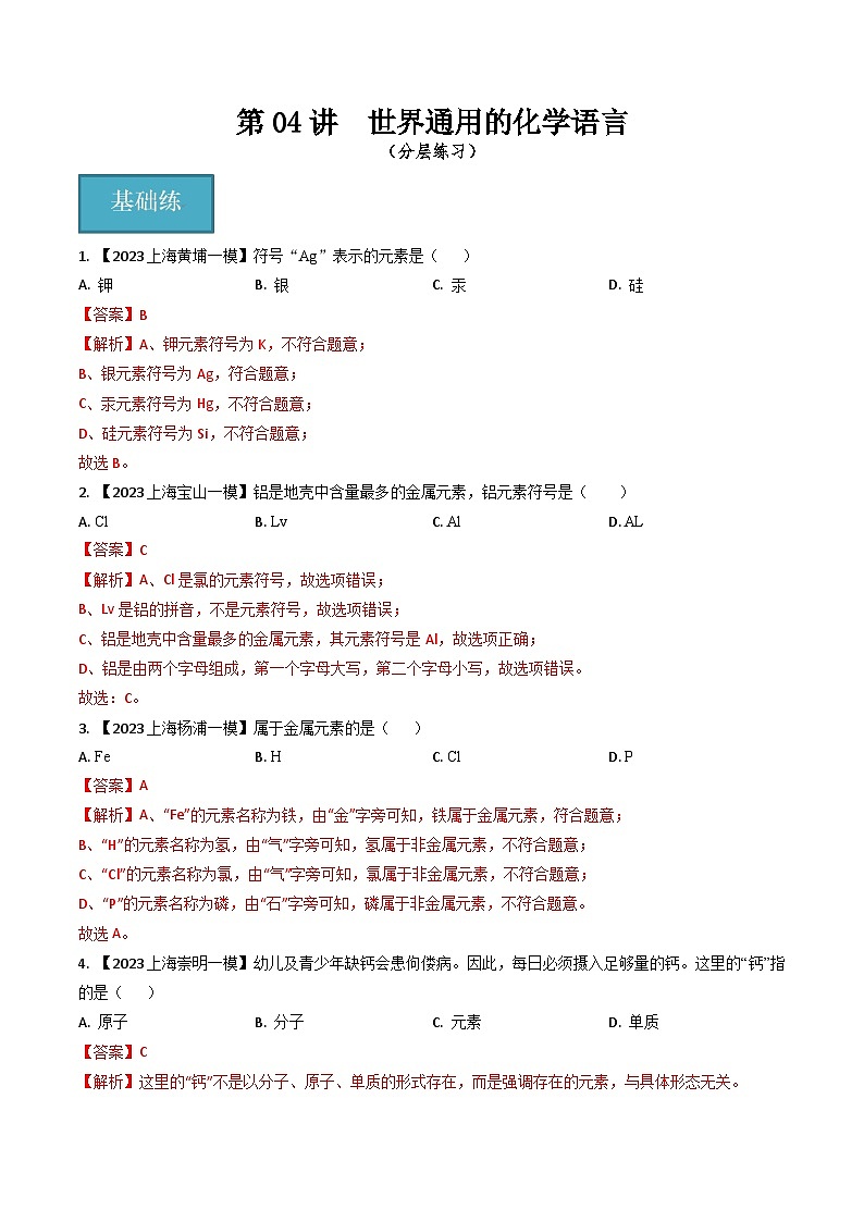 第04讲 世界通用的化学语言(分层练习)-2024-2025学年九年级化学第一学期同步精品课件+分层作业(沪教版·上海)01