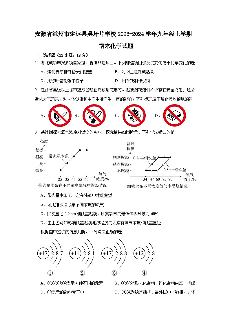 安徽省滁州市定远县吴圩片区学校2023-2024学年九年级上学期期末化学试题第1页