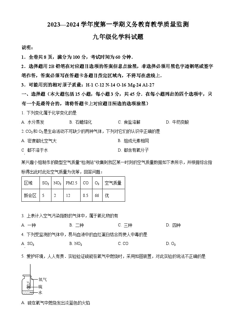 精品解析:广东省江门市新会区2023-2024学年九年级上学期期末考试化学试题(原卷版)第1页