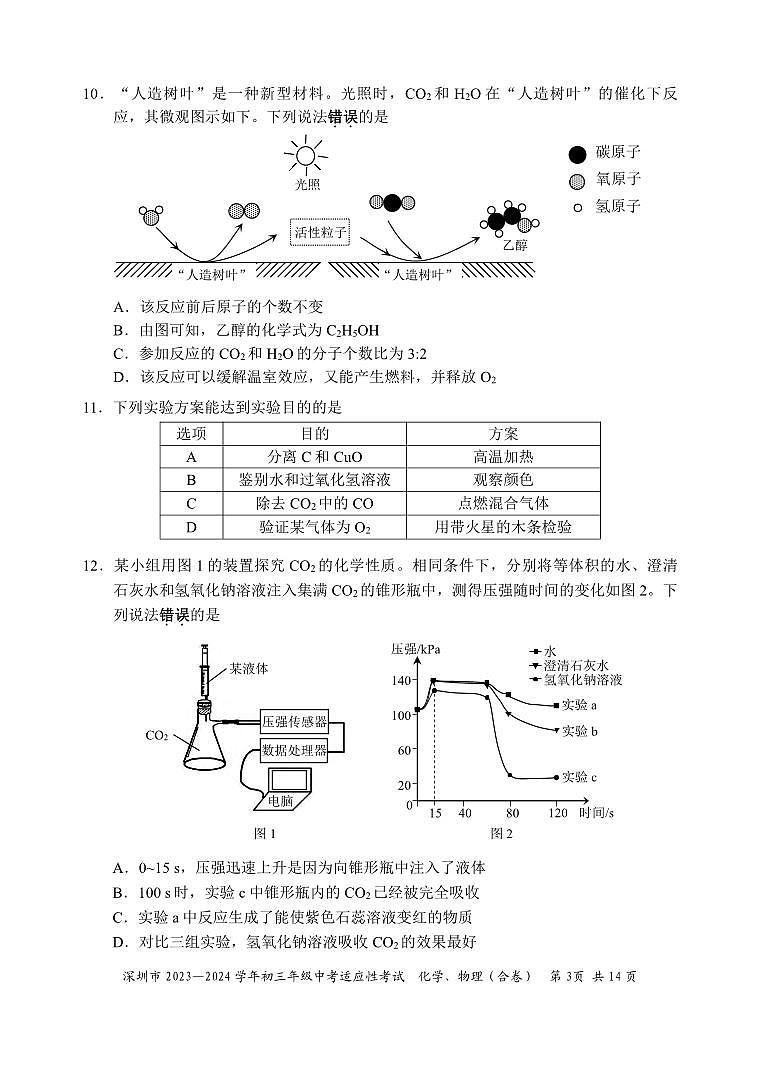 深圳市2023—2024学年初三年级中考适应性考试-化学卷第3页
