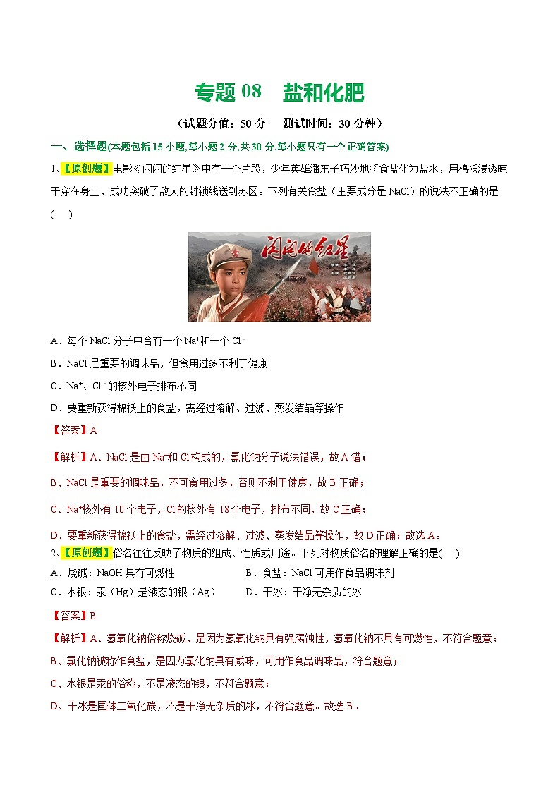 专题08 盐 化肥(测试)-2024年中考化学一轮复习讲练测(全国通用)(解析版)第1页