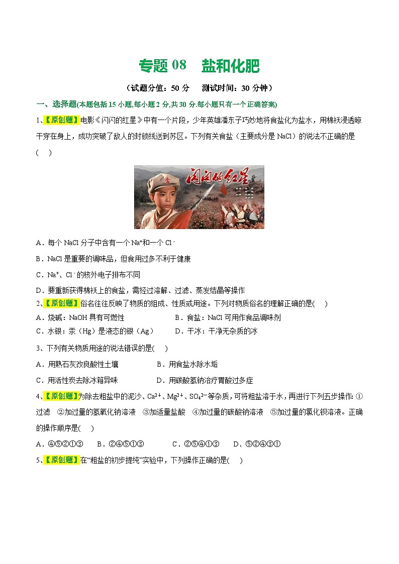 专题08 盐 化肥(测试)-2024年中考化学一轮复习讲练测(全国通用)(原卷版)第1页