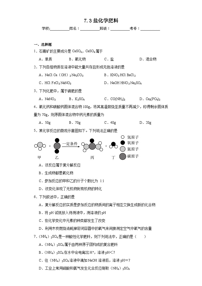 7.3盐化学肥料巩固练习 仁爱版初中化学九年级下册01