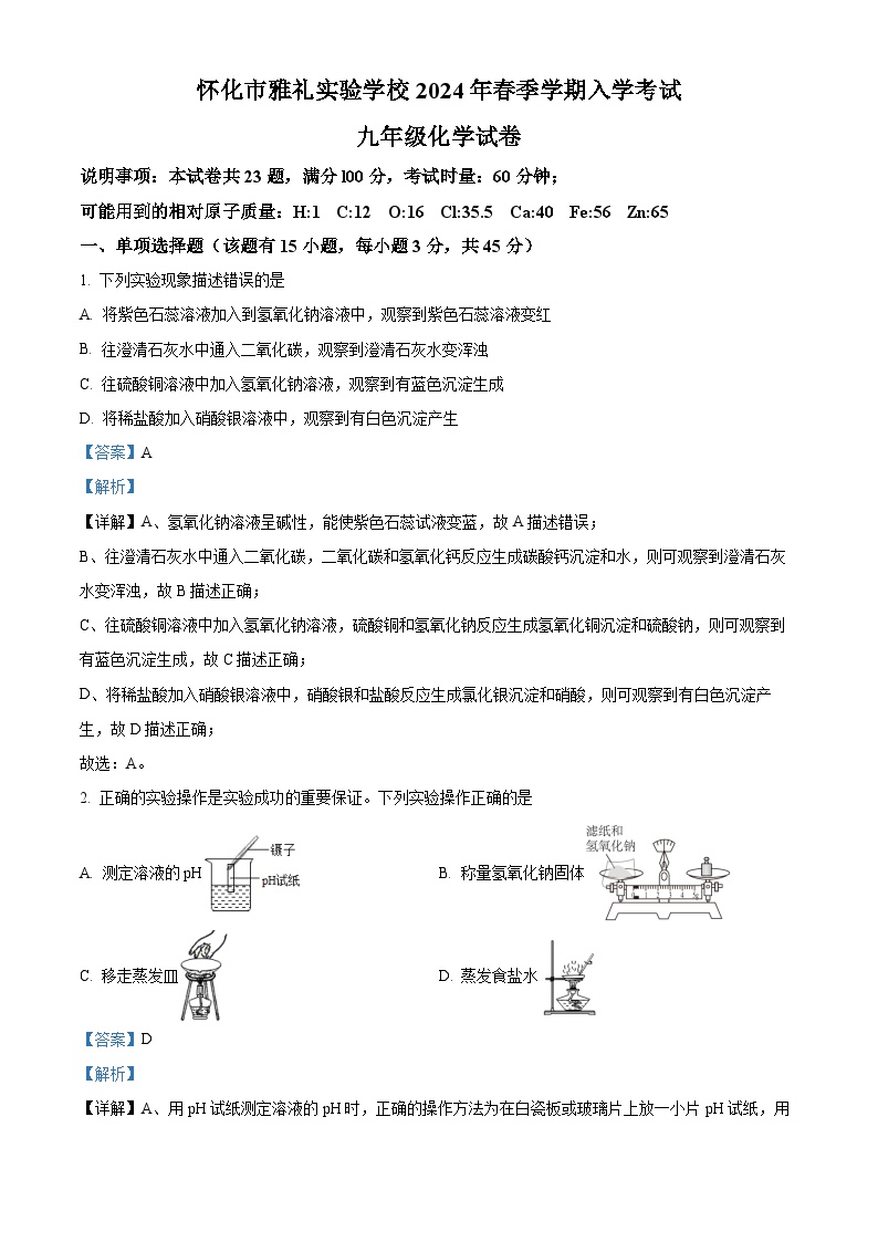 09，湖南省怀化市雅礼实验学校2023-2024学年九年级下学期入学考试化学试题