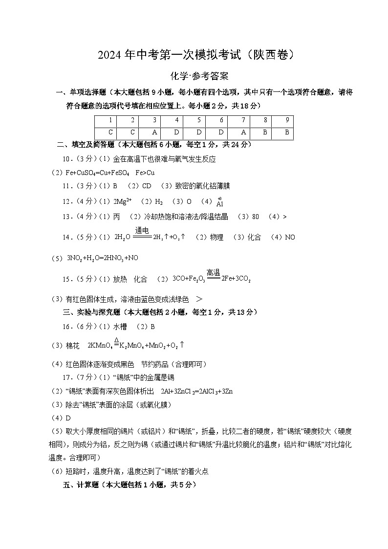 2024年初三中考第一次模拟考试试题:化学(陕西卷)(参考答案及评分标准)01