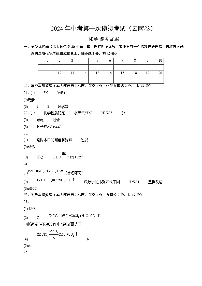 2024年初三中考第一次模拟考试试题:化学(云南卷)(参考答案及评分标准)01