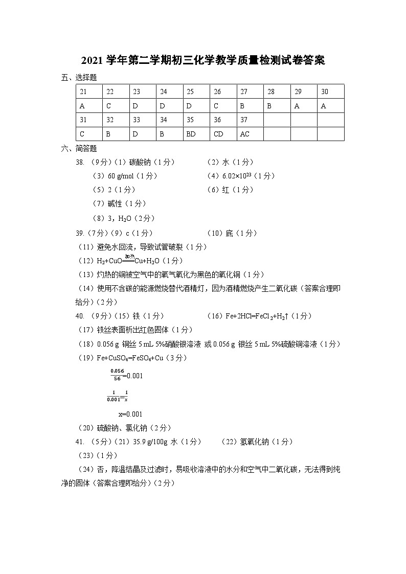 2022届长宁区初三化学二模卷参考答案01