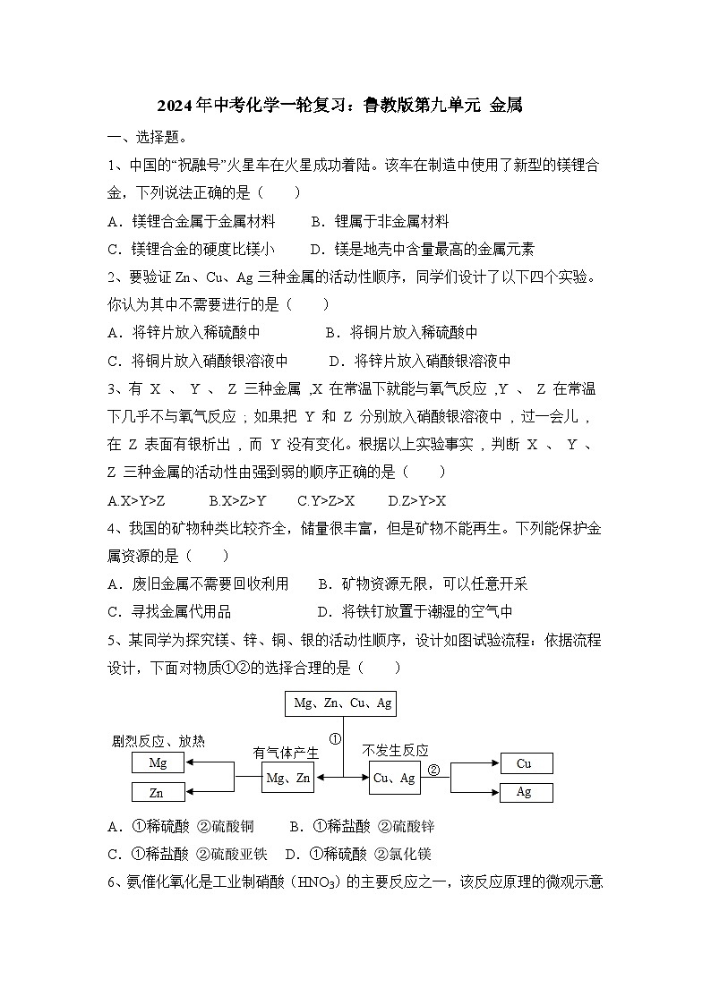 2024年中考化学一轮复习鲁教版第九单元+金属+练习题(原卷+答案版)01