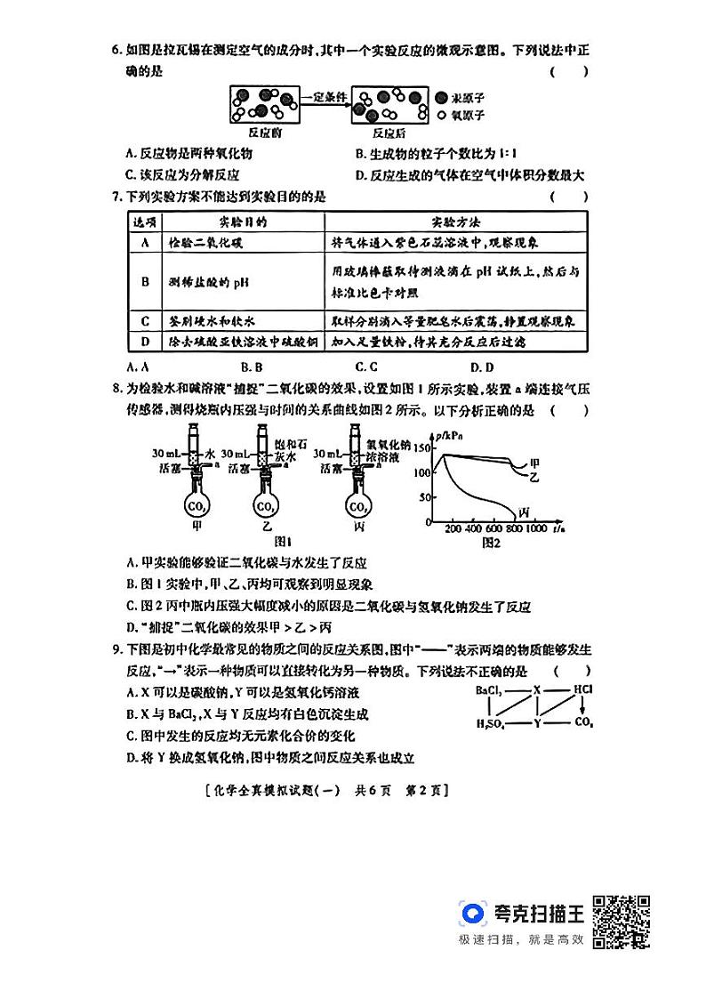2024年陕西省铜川市初中学业水平考试化学全真模拟试题一02