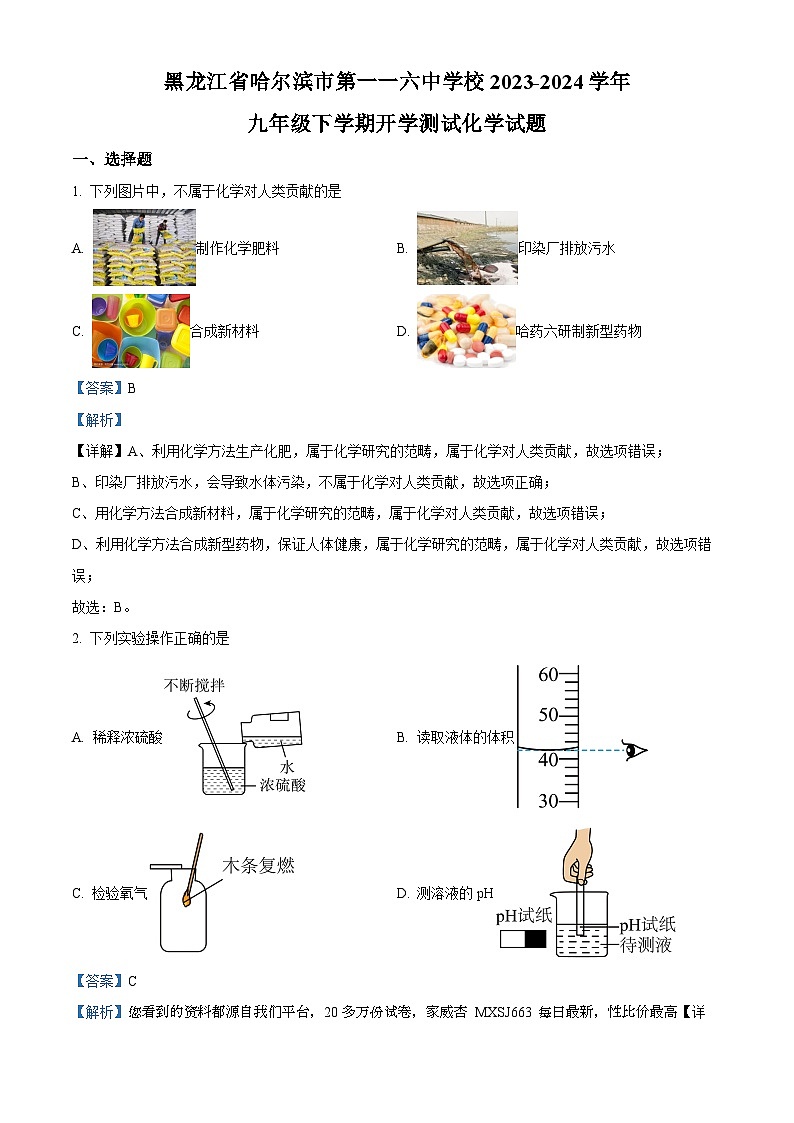 53,黑龙江省哈尔滨市第一一六中学校2023-2024学年九年级下学期开学测试化学试题01