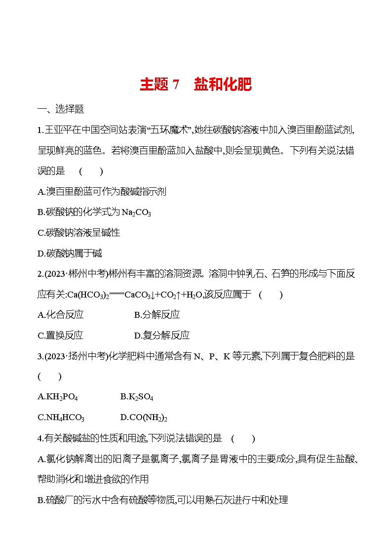 2023-2024 中考化学复习 板块一 主题7 盐和化肥 提分作业(学生版)第1页