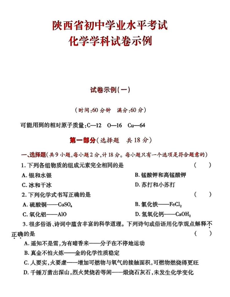 2024年陕西省初中学业水平考试模拟示例化学试卷01