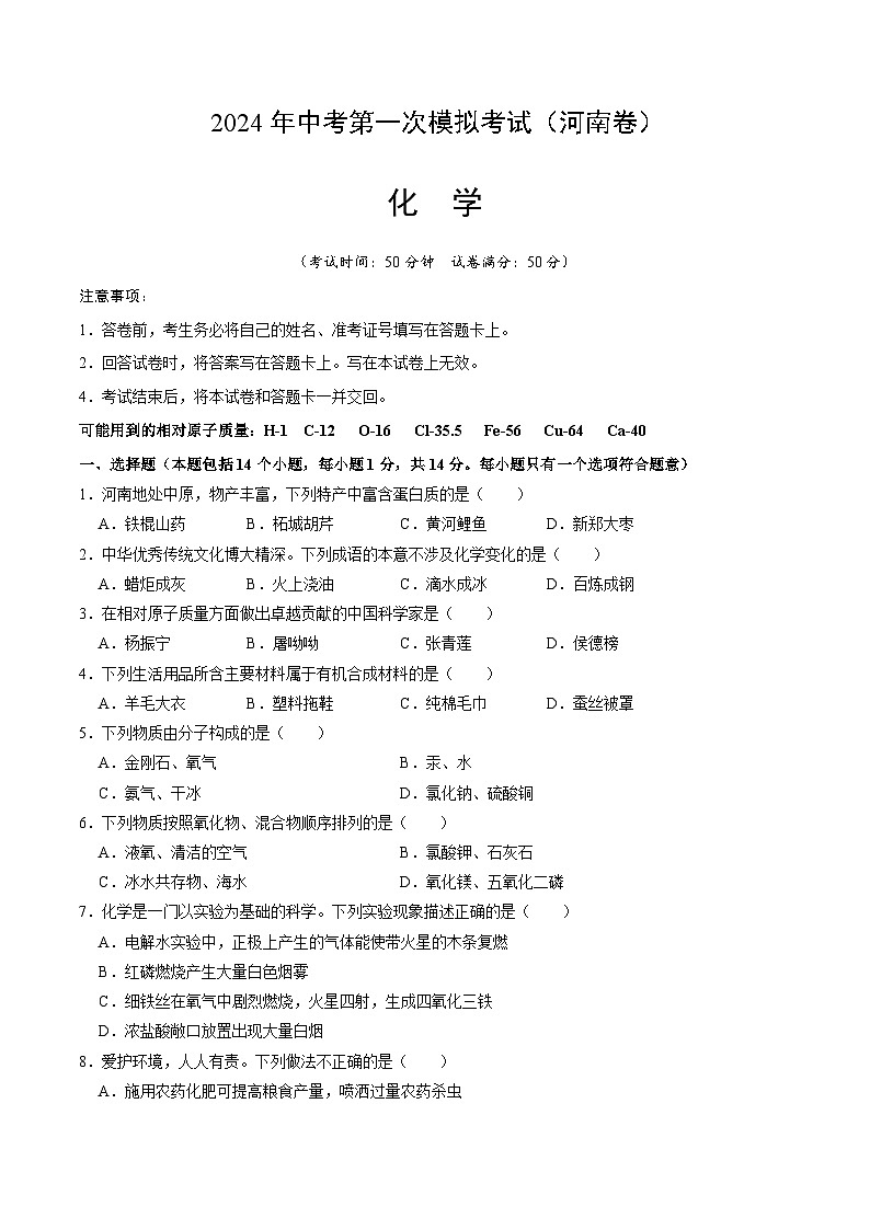 2024年初三中考第一次模拟考试试题:化学(河南卷)(考试版A4)01